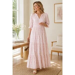 Chicsoul Floral Tiered V Neck Maxi Dress Pink White Boho Plus Size Women 3X